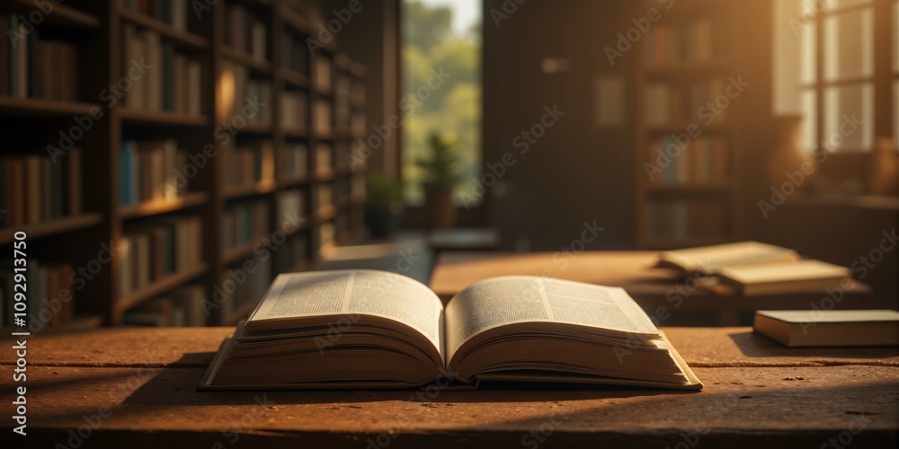 Fototapeta premium Open Book on Wooden Table in Library Sunlit Reading Knowledge Education