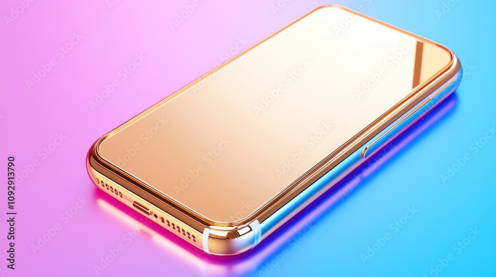 A high-angle, close-up shot of a golden smartphone, angled on a vibrant, gradient background of pink and blue. A high-angle, close-up shot of a golden smartphone, angled on a vibrant, gradient background of pink and blue.