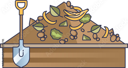 Illustration of a compost pile with organic waste and a shovel, symbolizing recycling and sustainability.