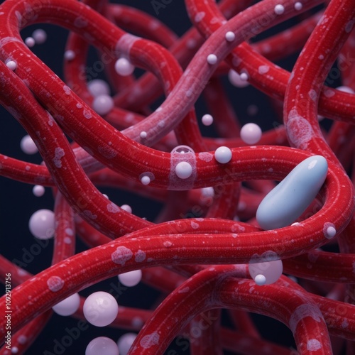 Image showcases a close-up view of a dynamic blood vessel filled with red blood flow and white blood cells photo