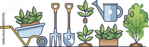 Illustration of tools and plants symbolizing corporate tree planting initiatives.