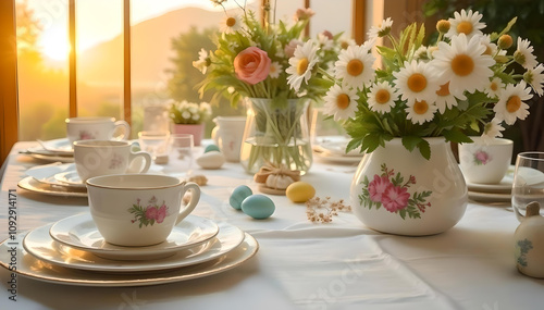 Easter table setting with flowers and decorative eggs in bright sunlight, AI Generation