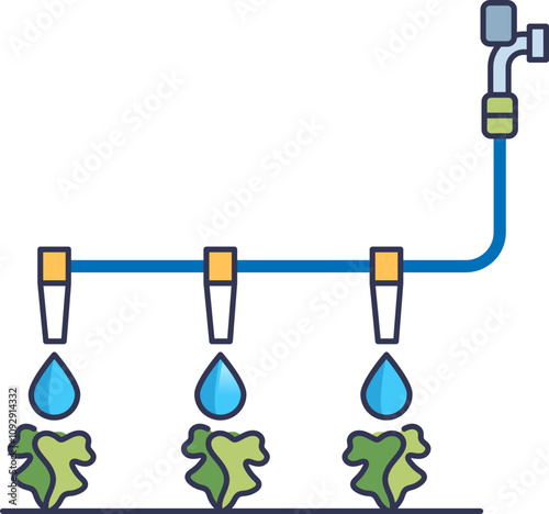 Illustration of drip irrigation system with water droplets and plants.