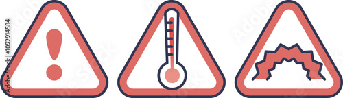 Warning signs with exclamation, thermometer, and crack symbols indicate potential earthquake hazards.