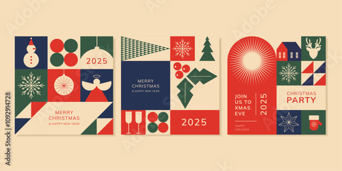 Colourful Geometric Backgrounds with Happy Birthday and New Year Greetings in Retro Style. Templates for Greeting Cards, Social Media Posts, Christmas Party Invitations. Vector