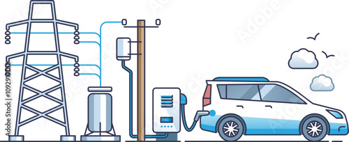 Illustration of an electric car connected to a power grid, symbolizing sustainable energy.