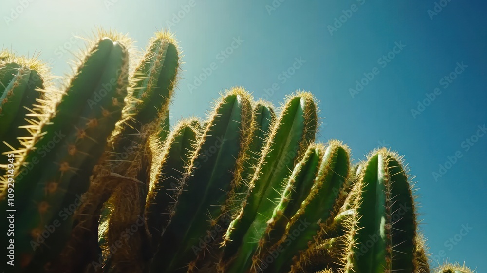 A close-up view of cacti against a bright blue sky, showcasing their unique shapes and textures. A close-up view of cacti against a bright blue sky, showcasing their unique shapes and textures.