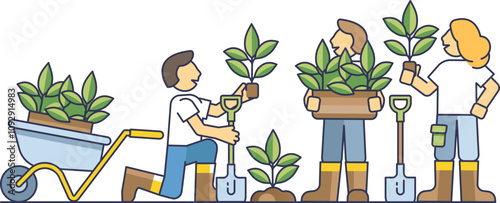 Employees planting trees, symbolizing teamwork and sustainability.