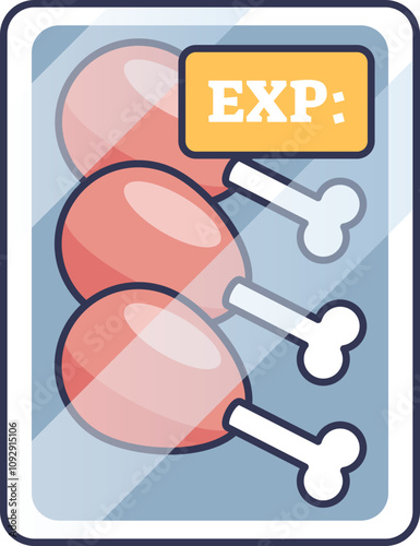 Illustration of packaged chicken with expiration label, highlighting food safety.