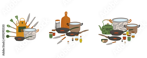 Kitchen utensils. Kitchenware tools and equipment. Frying pan, saucepan, knives and forks. Cutlery objects for food cooking modern contemporary crockery cartoon flat isolated vector illustration