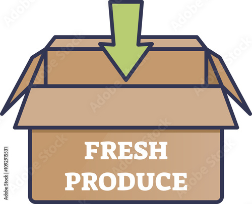 Open box labeled 'Fresh Produce' with a green arrow, symbolizing delivery of fresh food.