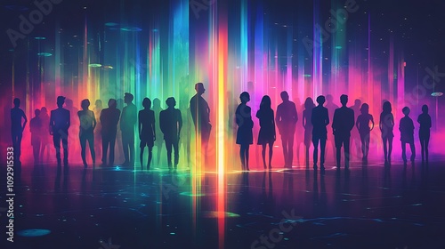 Silhouette group of people in a vibrant, colorful, futuristic space.