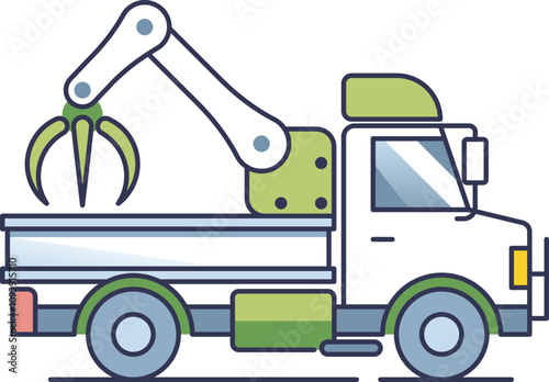 Illustration of a garbage truck with a claw arm, symbolizing waste management.