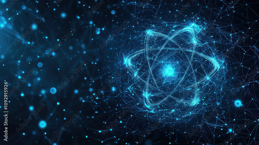 glowing blue atom icon surrounded by network of bright particles, representing cosmic energy and scientific concepts. This abstract design evokes sense of wonder and exploration glowing blue atom icon surrounded by network of bright particles, representing cosmic energy and scientific concepts. This abstract design evokes sense of wonder and exploration