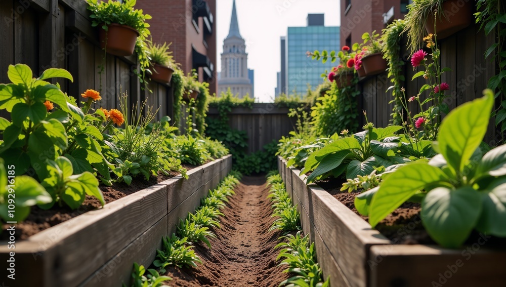 A thriving organic vegetable garden within a bustling cityscape signifies sustainability through urban farming A thriving organic vegetable garden within a bustling cityscape signifies sustainability through urban farming