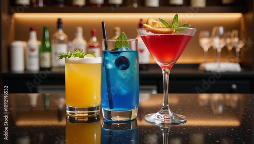 Bar scene featuring various colorful cocktails and bubbling beverages