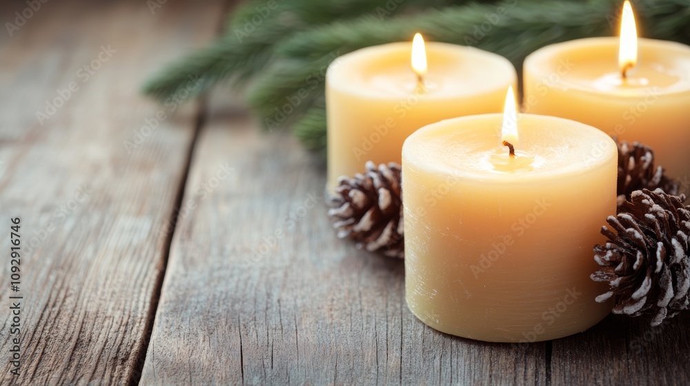 Three glowing candles illuminate a rustic wooden table adorned with pine cones, evoking a cozy and festive Christmas atmosphere. Three glowing candles illuminate a rustic wooden table adorned with pine cones, evoking a cozy and festive Christmas atmosphere.