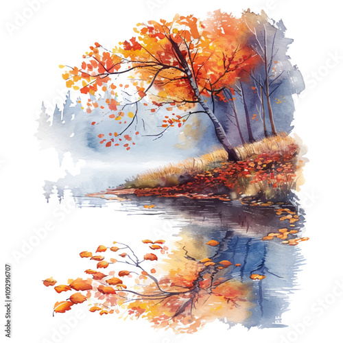 river reflecting autumn leaves vector illustration in watercolor style