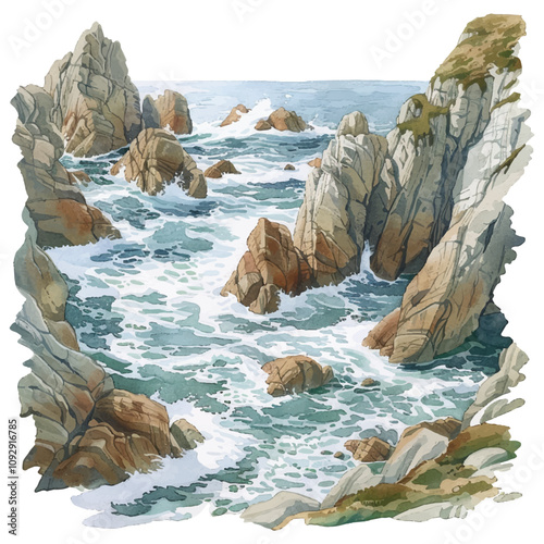 rocky coastline with foam vector illustration in watercolor style