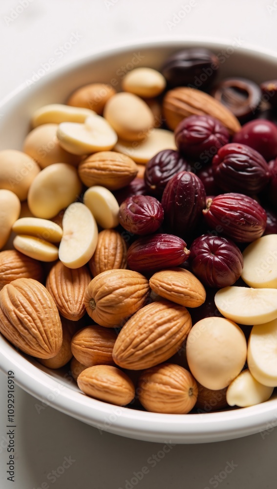 Realistic image showcasing a vibrant mix of nuts dried fruit dark chocolate pieces as an enticing vegan snack Realistic image showcasing a vibrant mix of nuts dried fruit dark chocolate pieces as an enticing vegan snack