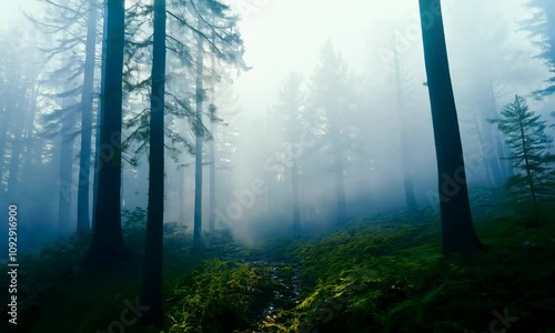Trees in the fog. The smoke in the forest in the morning. A misty morning among the trees