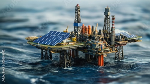 A miniature oil rig with solar panels, showcasing renewable energy integration in industry. photo