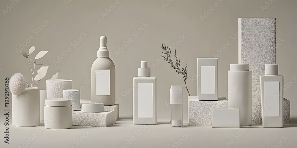 Flat mockup of blank white labels on cosmetic bottles surrounded by various skin care products. Skin care concept. Flat mockup of blank white labels on cosmetic bottles surrounded by various skin care products. Skin care concept.