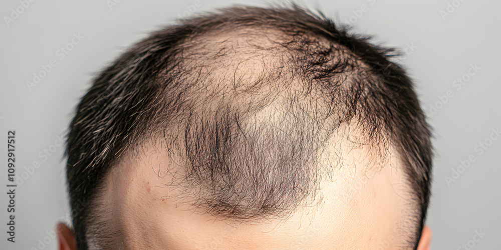 Obraz premium Close-up head of a young man suffering from baldness, alopecia. Serious hair loss. Hair transplant. Place for text. Concept of male pattern baldness.