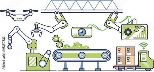 Illustration of automated manufacturing with robotic arms, conveyor belt, and drones.