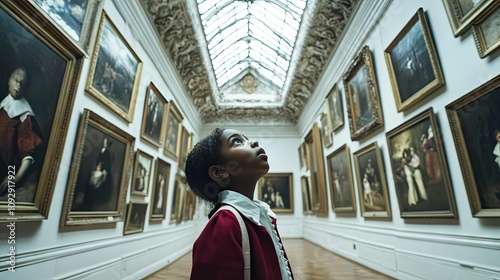 Retrato en plano medio de un niño afrodescendiente mirando hacia arriba, admirando arte en un museo photo