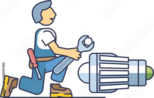 Illustration of a mechanic with tools fixing machinery, symbolizing repair and maintenance.