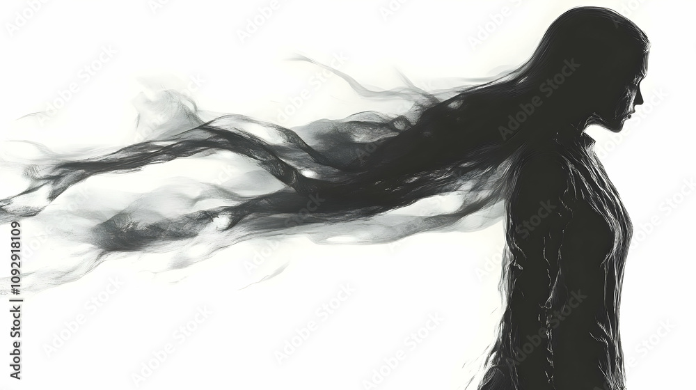 Abstract Figure, Flowing Hair, Ethereal Form, Mysterious Silhouette, Dark Hues, Artistic Expression, Windswept, Monochrome,  Intriguing Composition,  Digital Art