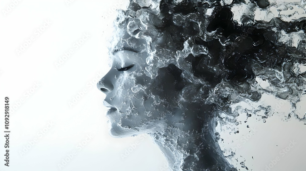 Water Transforms Face, Abstract Art, Fluid Sculpture, Serene, Calming, Digital Art, Gray Tones, Watery Transformation, Mystical, Liquid Portrait, Ethereal Water Transforms Face, Abstract Art, Fluid Sculpture, Serene, Calming, Digital Art, Gray Tones, Watery Transformation, Mystical, Liquid Portrait, Ethereal