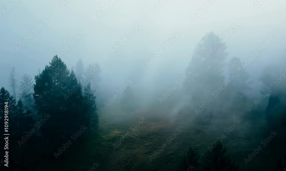 Trees in the fog. The smoke in the forest in the morning. A misty morning among the trees Trees in the fog. The smoke in the forest in the morning. A misty morning among the trees