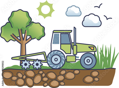 Illustration of a no-till tractor on farmland with trees and clouds, symbolizing sustainable agriculture.