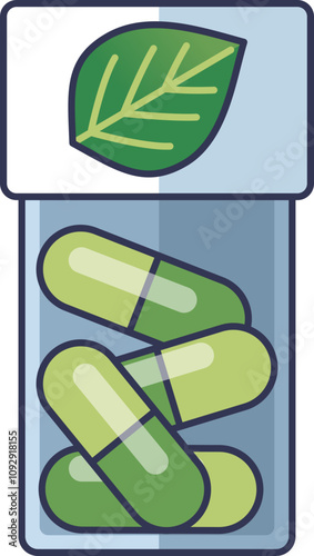 Illustration of a supplement bottle with green capsules and a leaf, symbolizing natural health products.