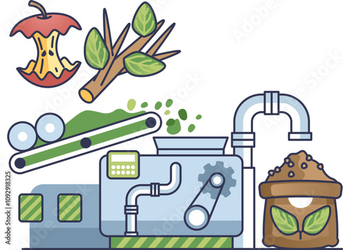 Illustration of organic waste processing with composting machine, conveyor, and waste materials.
