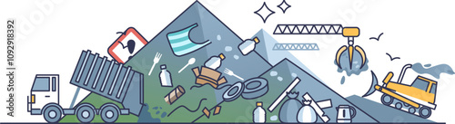 Illustration of an overfilled landfill with garbage truck, waste, and machinery symbolizing pollution.