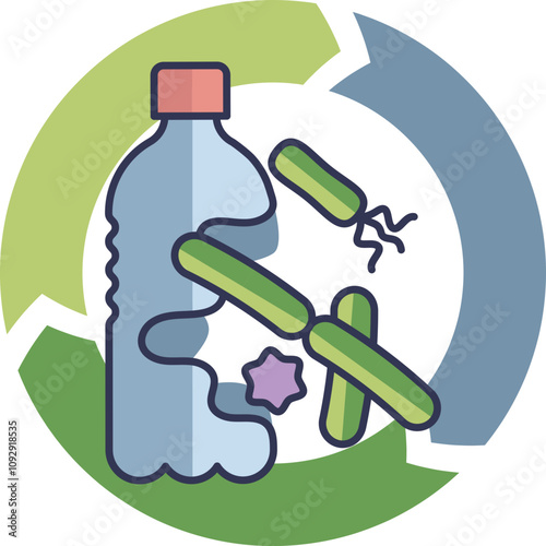 Plastic bottle with bacteria symbolizing plastic-eating bacteria and recycling.