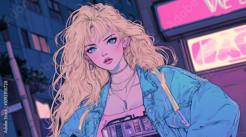 Retro Anime Manga Illustration of a Cute Girl with Boombox and 90s Vibes