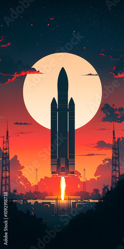 Space rocket on launch pad, panoramic shot of sky and setting sun in background, space for text. Concept of a flight into space.