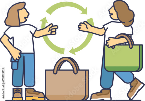 Two people exchanging reusable shopping bags, symbolizing sustainability.