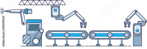 Robotic arms and conveyor belts in a factory setting symbolize automation and efficiency.