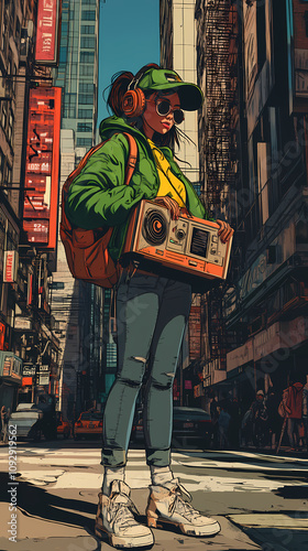 Retro Anime Manga Illustration of a Cute Girl with Boombox and 90s Vibes