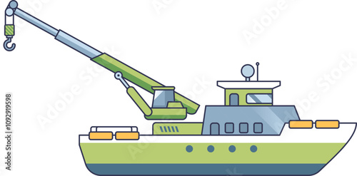 Illustration of a service boat with a crane, symbolizing marine assistance.