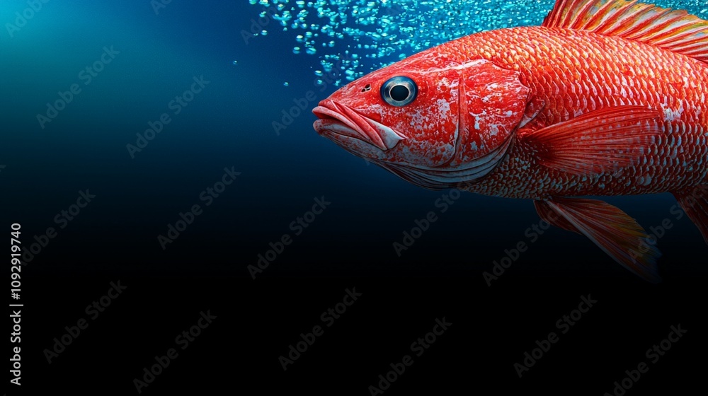 Vibrant red fish swimming underwater, bubbles rising. Vibrant red fish swimming underwater, bubbles rising.