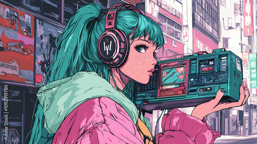 Retro Anime Manga Illustration of a Cute Girl with Boombox and 90s Vibes