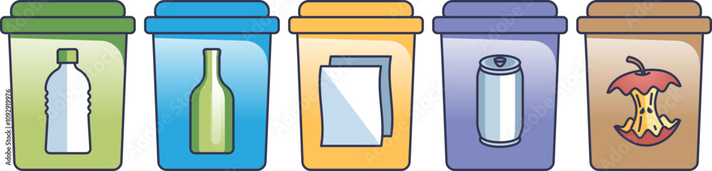 Illustration of five recycling bins for plastic, glass, paper, metal, and organic waste. Illustration of five recycling bins for plastic, glass, paper, metal, and organic waste.