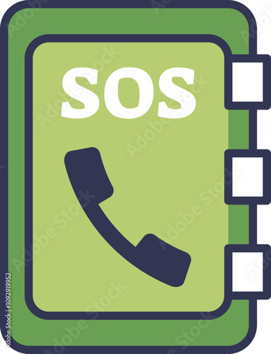 Green phonebook icon with SOS and phone symbol, symbolizing emergency contact.