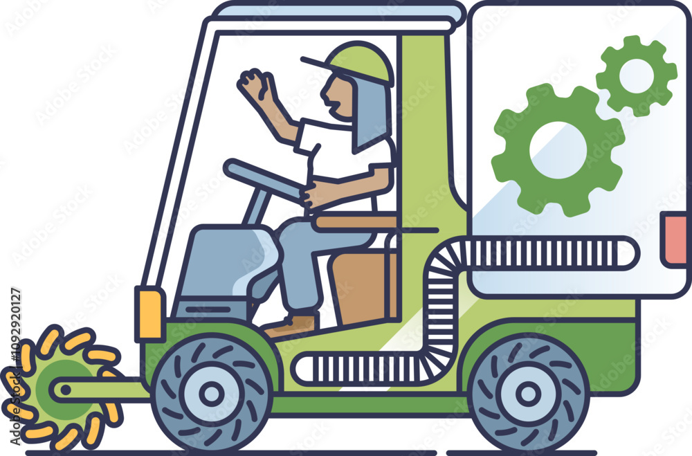Illustration of a street sweeper in action, highlighting urban cleanliness. Illustration of a street sweeper in action, highlighting urban cleanliness.